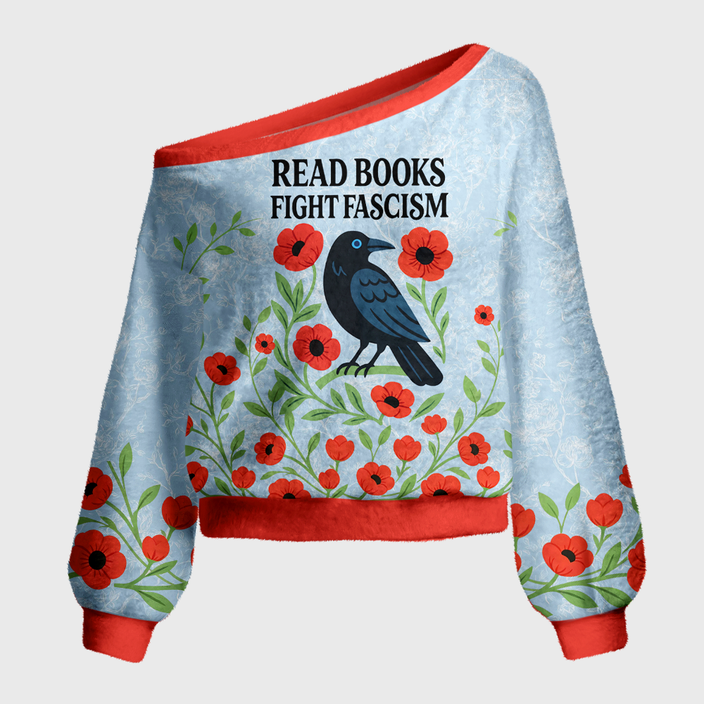 Pagewings Read Books Fight Fascism Off Shoulder Ugly Knit Sweater