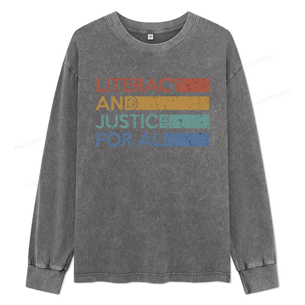 Pagewings Literacy and Justice For All Unisex Washed Long Sleeve T-shirt