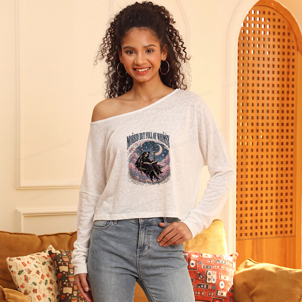 Pagewings Morbid But Full of Whimsy Slouchy Long Sleeve Off Shoulder T-shirt