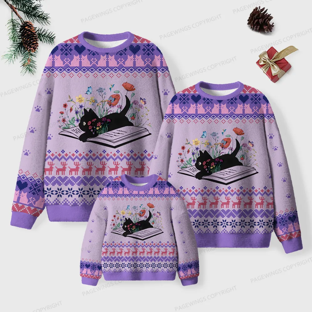 Pagewings Easily Distracted By  Cats & Books Unisex Ugly Knit Sweatshirt