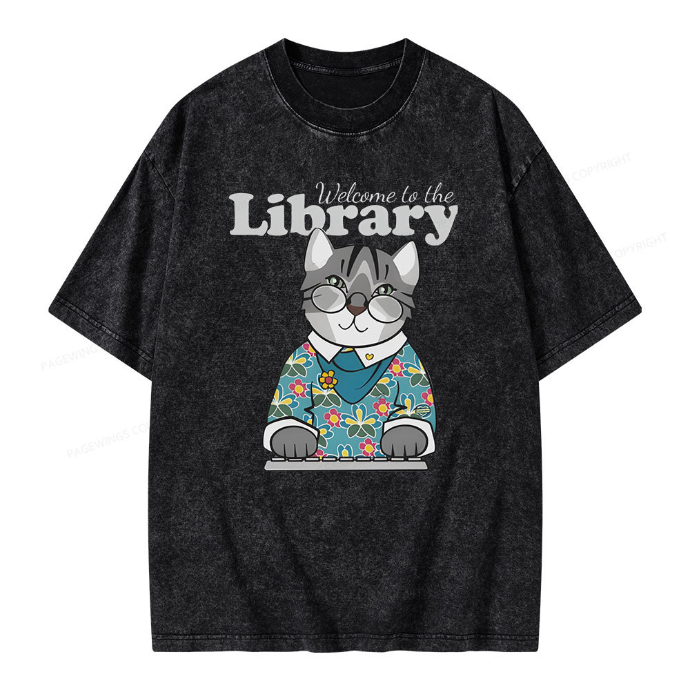 Pagewings Welcome to the Library Cat Unisex Washed T-shirt