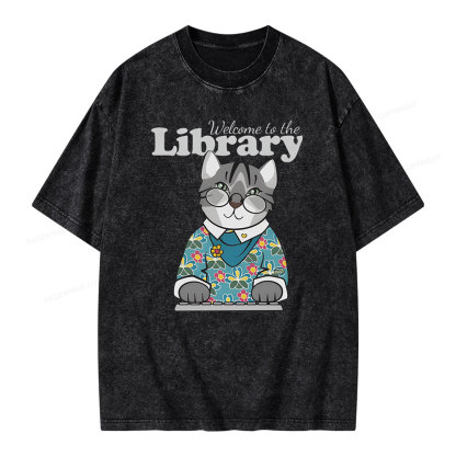 Pagewings Welcome to the Library Cat Unisex Washed T-shirt