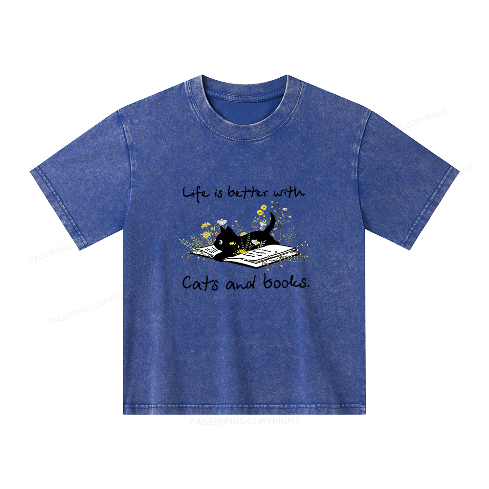 Pagewings Life Is Better With Cats And Books Unisex Kids Washed T-shirt