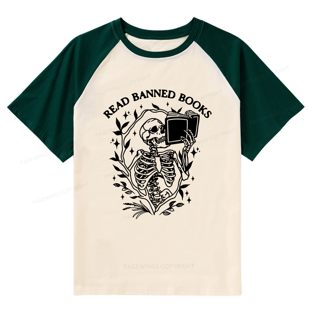 Pagewings Read Banned Books Skeleton Halloween Goth Protest T-Shirt Raglan T-shirt