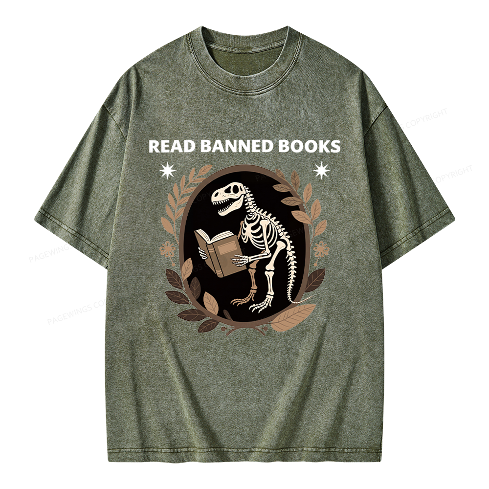 Pagewings Vintage Dinosaur Skeleton Reading Book Unisex Washed T-shirt