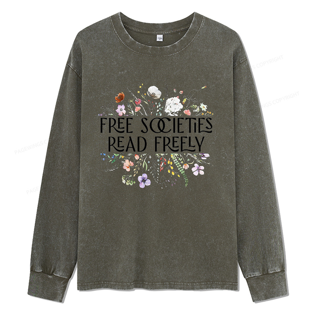 Pagewings Free Societies Read Freely Unisex Washed Long Sleeve T-shirt
