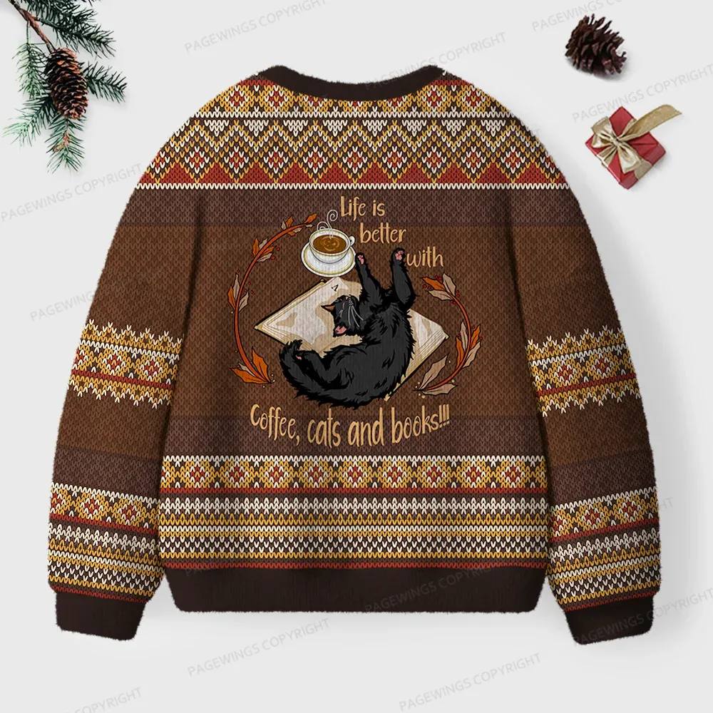 Pagewings Life Is Better With Coffee Cats And Books Unisex Ugly Knit Sweatshirt