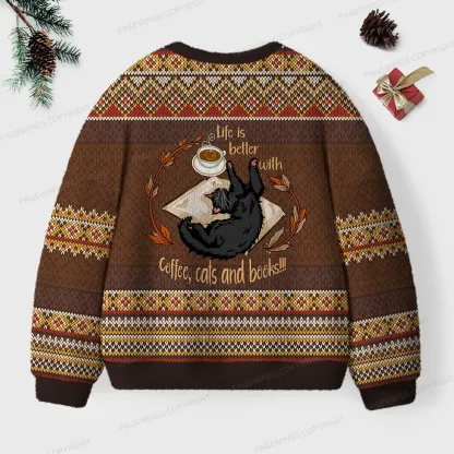 Pagewings Life Is Better With Coffee Cats And Books Unisex Ugly Knit Sweatshirt