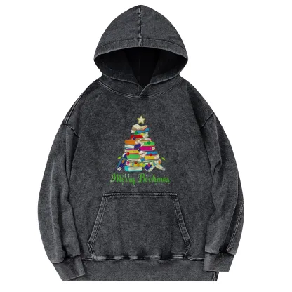 Pagewings Book Christmas Tree Unisex Washed Hoodie