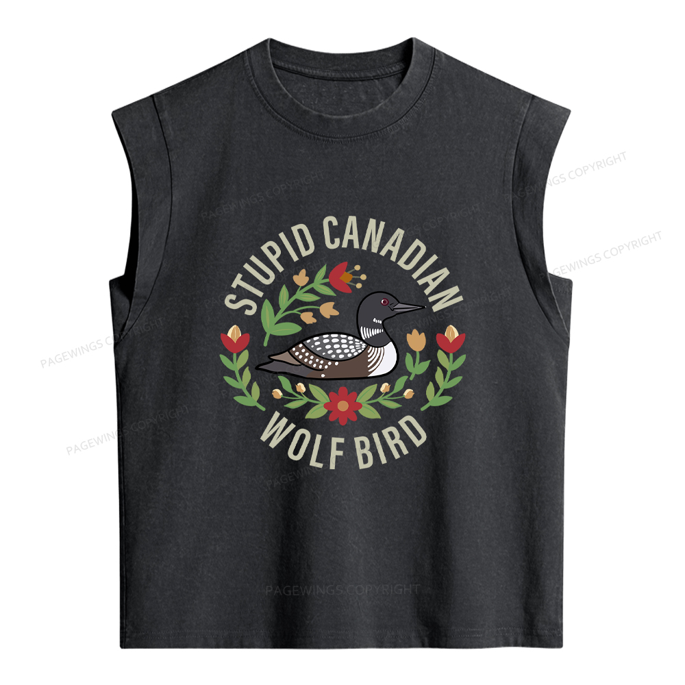 Pagewings Stupid Canadian Wolf Bird Women's Washed Tank Top