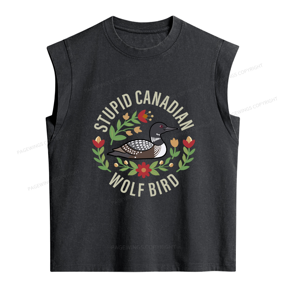 Pagewings Stupid Canadian Wolf Bird Women's Washed Tank Top