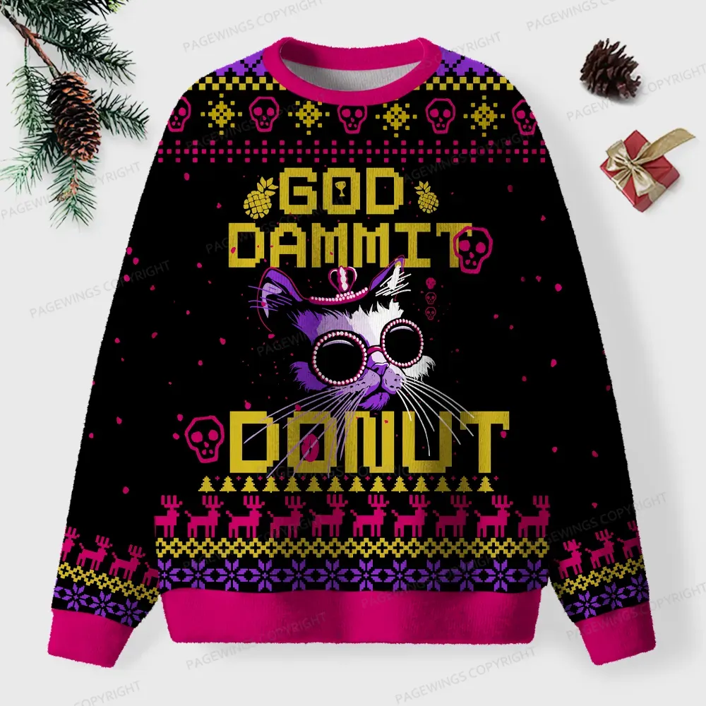 Pagewings God Dammit Donut Unisex Ugly Knit Sweatshirt
