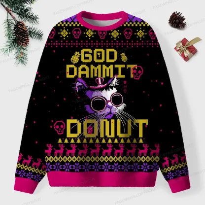 Pagewings God Dammit Donut Unisex Ugly Knit Sweatshirt