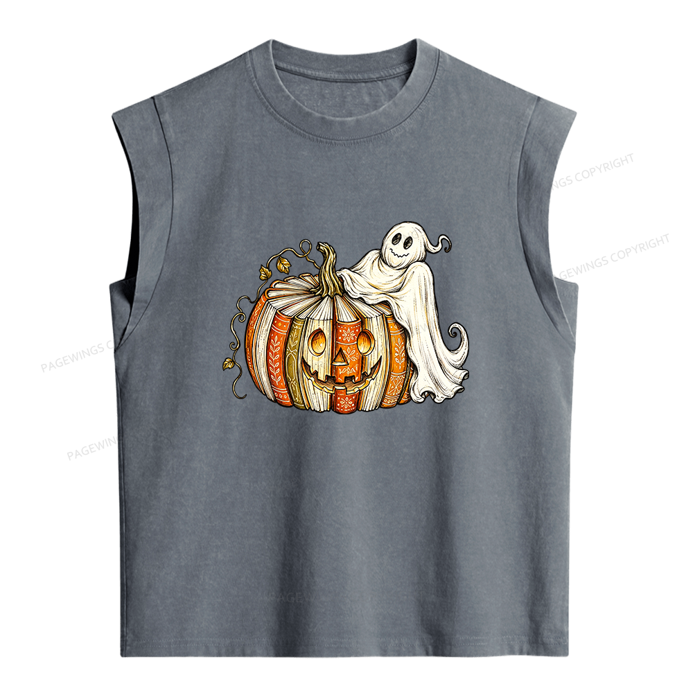 Pagewings Book Pumpkin Ghost Women's Washed Tank Top