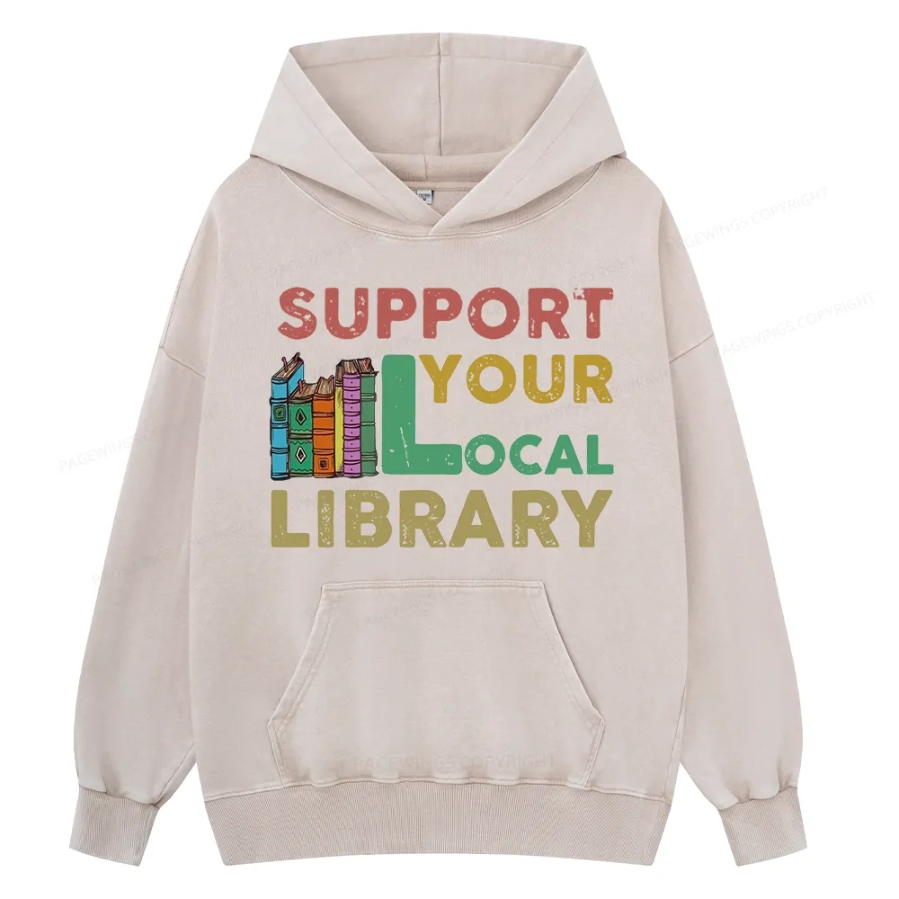 Pagewings Support Your Local Library Unisex Washed Hoodie