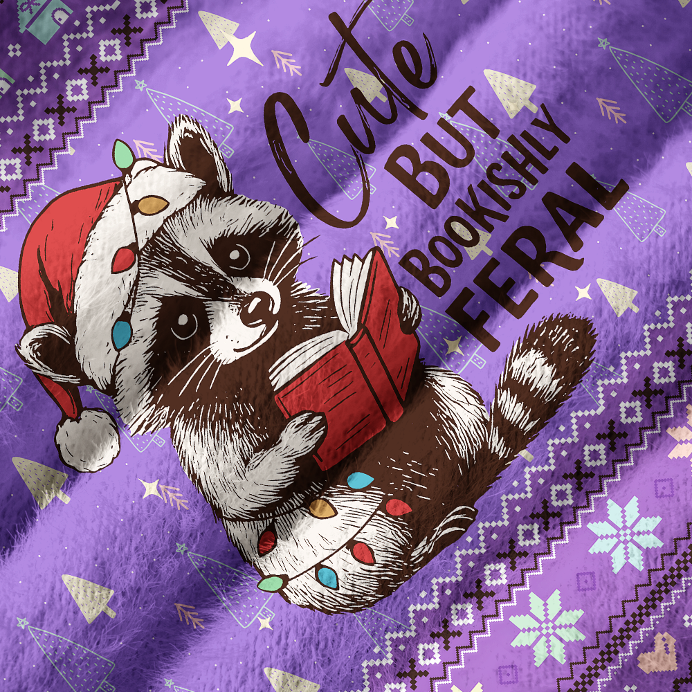 Pagewings Cute Feral Book Raccoon Off Shoulder Ugly Knit Sweater