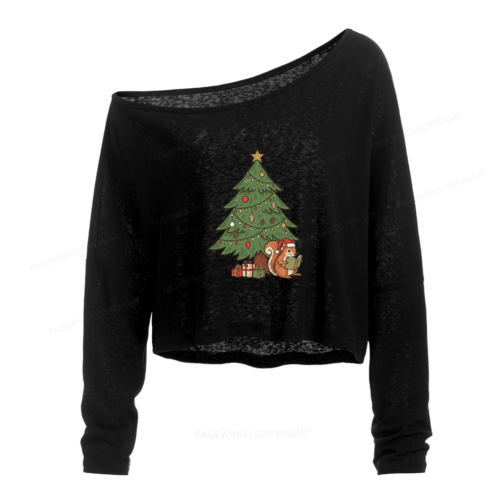 Pagewings Christmas Reading Slouchy Long Sleeve Off Shoulder T-shirt