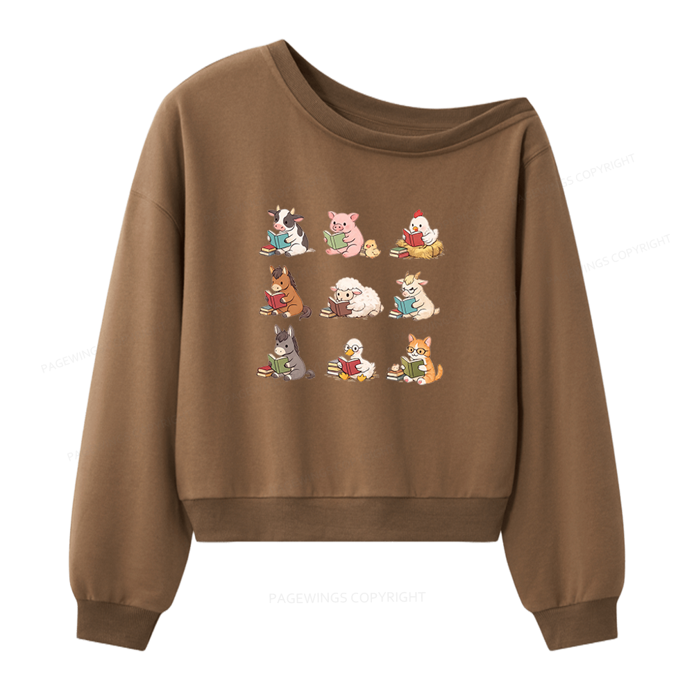 Pagewing Farm Animals Reading Women Off Shoulder Sweatshirt