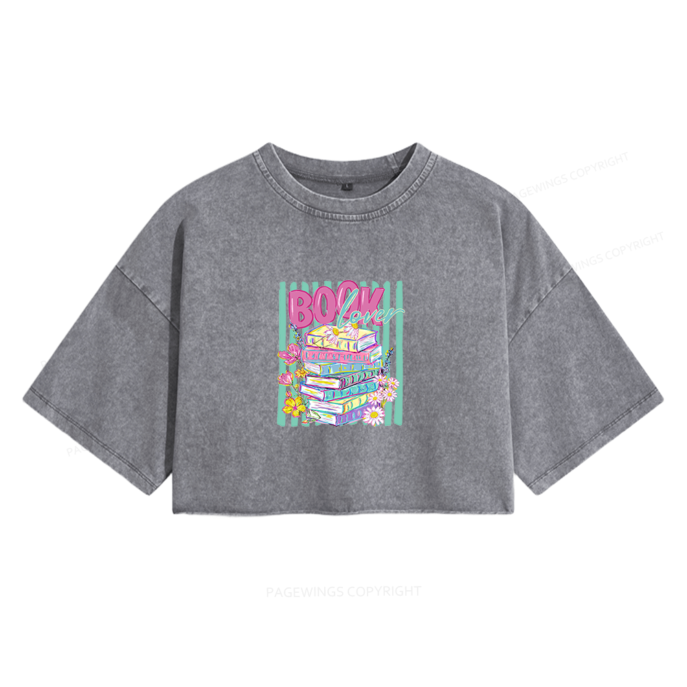 Pagewings Floral Bookish Women's Washed Cropped T-shirt
