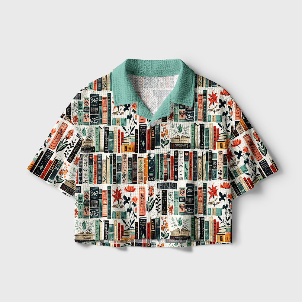 Pagewings Cozy Library Bookshelf Camp Collar Boxy Fit Unisex Crochet Shirt