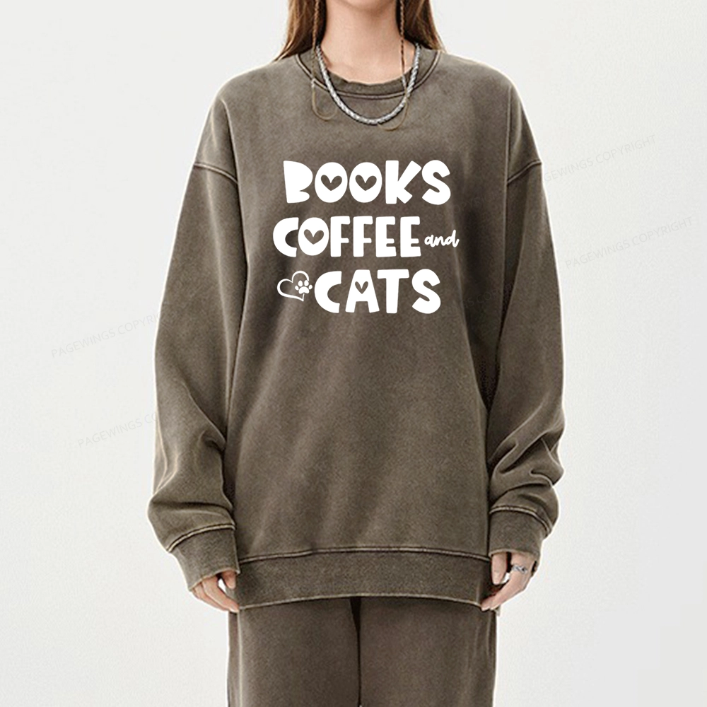 Pagewing Books Coffee and Cats Unisex Washed Sweatshirt