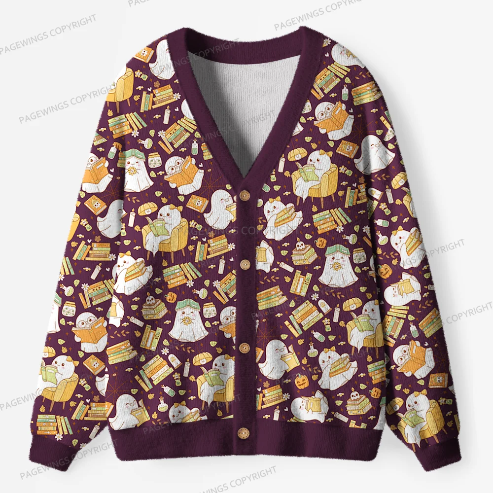 Pagewings Ghost Reading Unisex Ugly Cardigan Sweaters