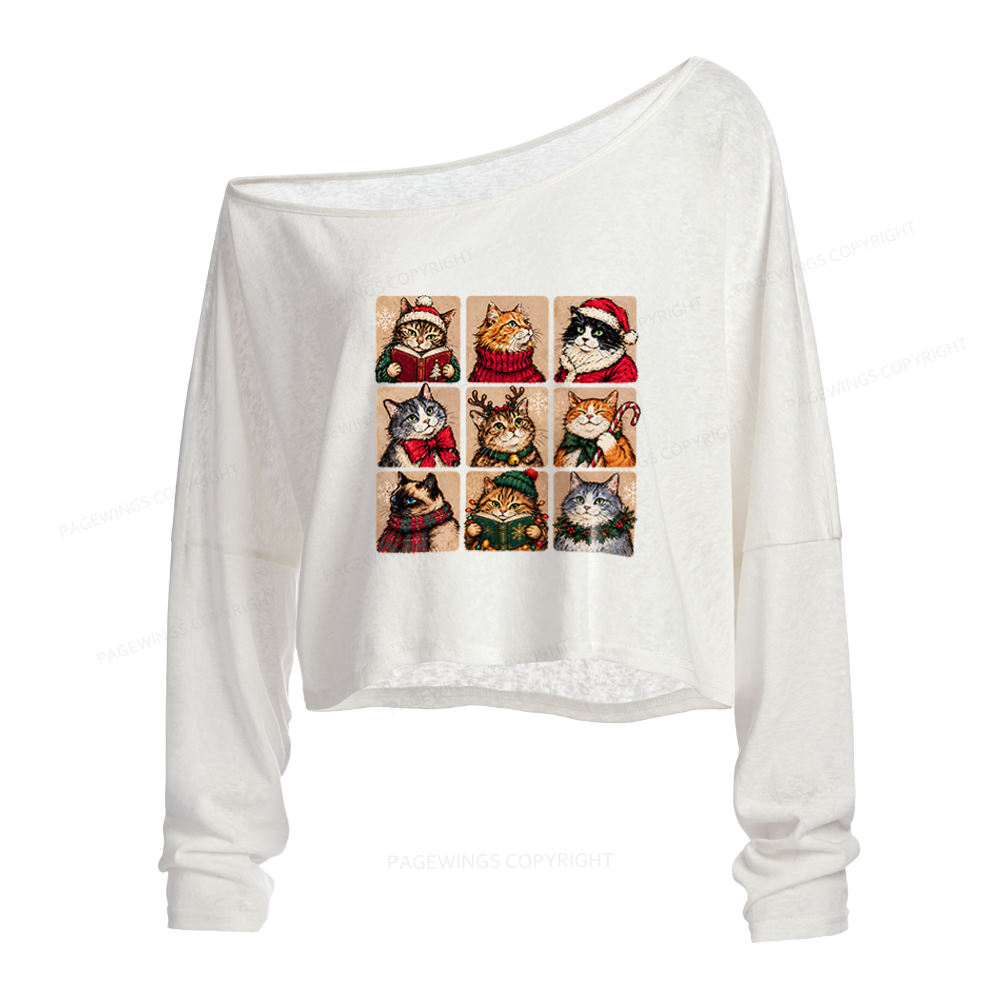 Pagewings Christmas Cats Slouchy Long Sleeve Off Shoulder T-shirt