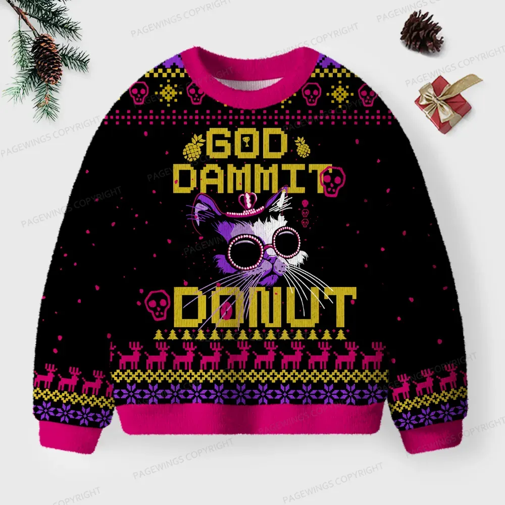 Pagewings God Dammit Donut Unisex Ugly Knit Sweatshirt