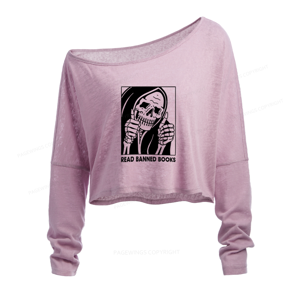 Pagewings Read Banned Books Slouchy Long Sleeve Off Shoulder T-shirt
