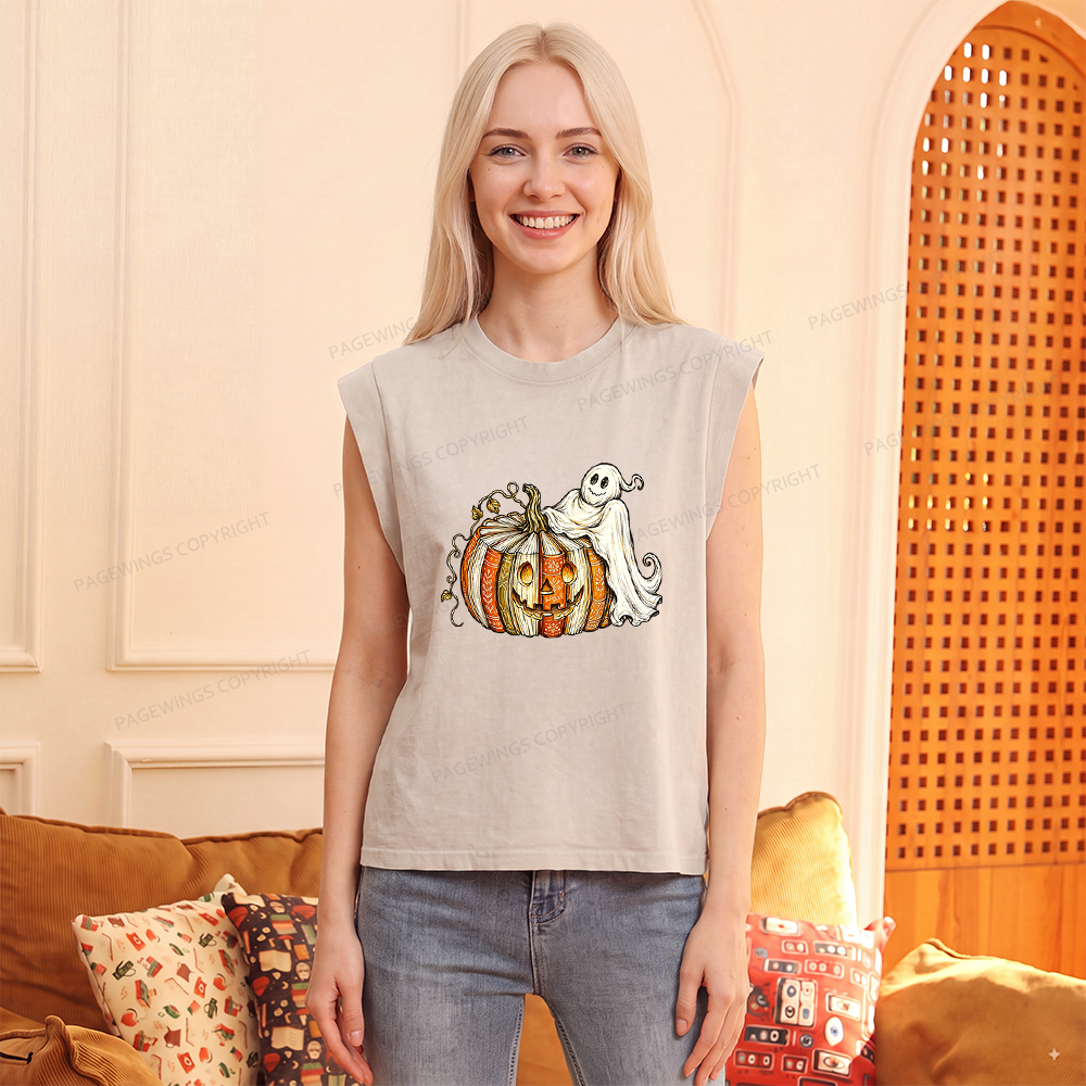 Pagewings Book Pumpkin Ghost Women's Washed Tank Top