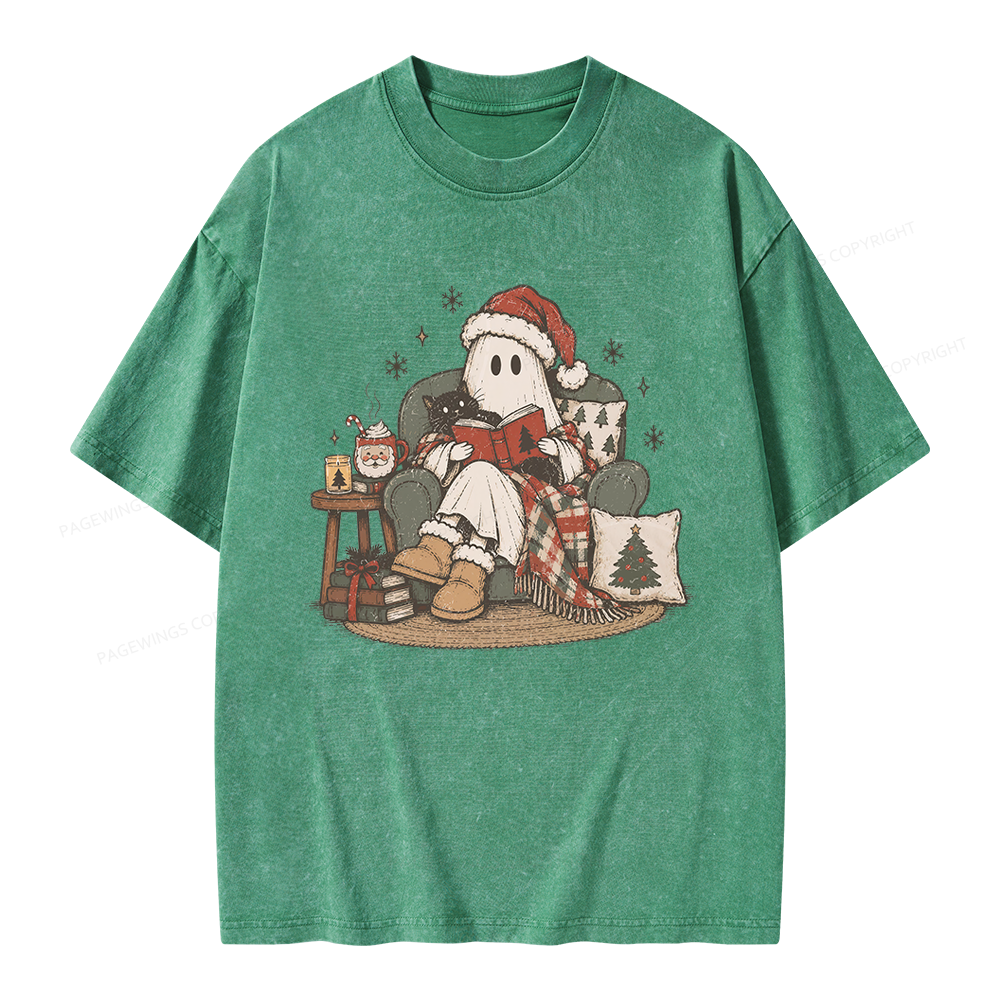 Pagewings Christmas Ghost Reading Unisex Washed T-shirt