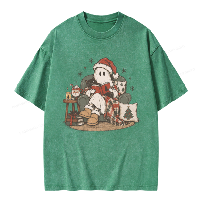 Pagewings Christmas Ghost Reading Unisex Washed T-shirt