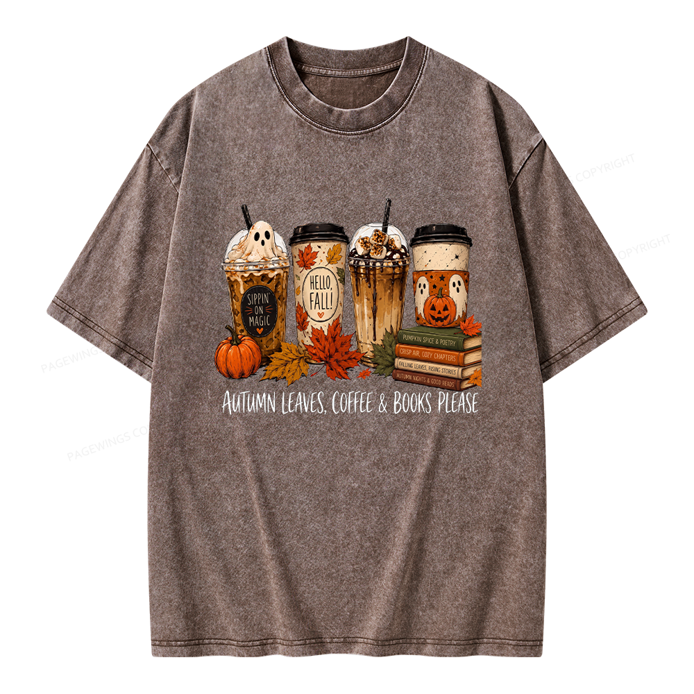 Pagewings Halloween Coffee Books Unisex Washed T-shirt