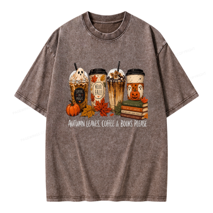 Pagewings Halloween Coffee Books Unisex Washed T-shirt