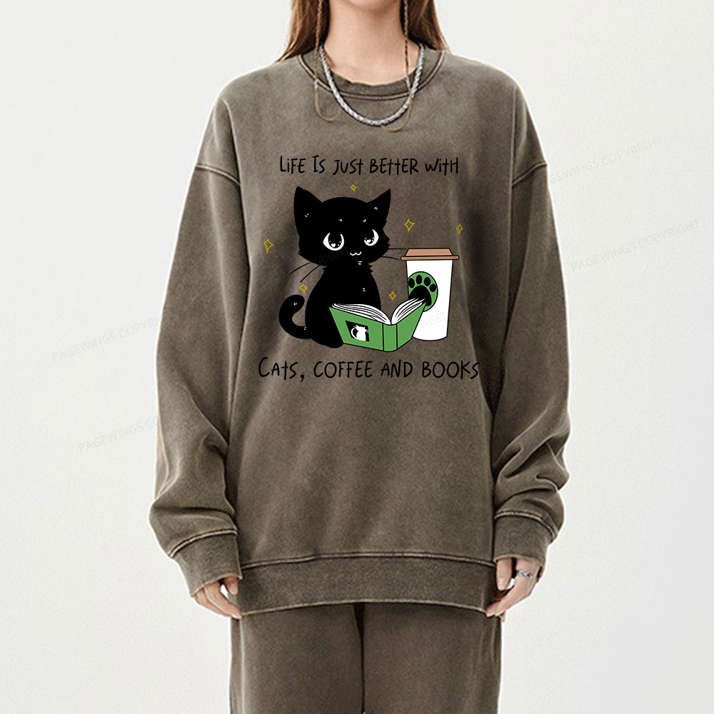 Pagewings Cats，Coffee And Books Unisex Washed Sweatshirt