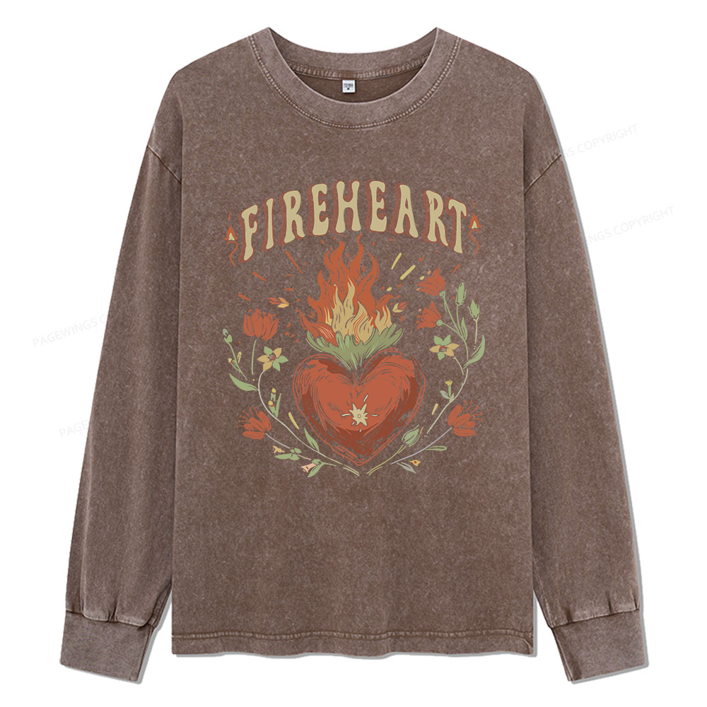 Pagewings Vintage Fire-heart Unisex Washed Long Sleeve T-shirt