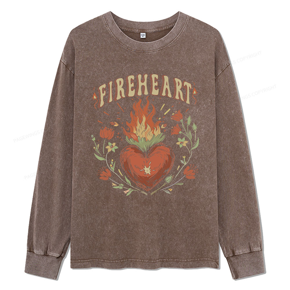 Pagewings Vintage Fire-heart Unisex Washed Long Sleeve T-shirt