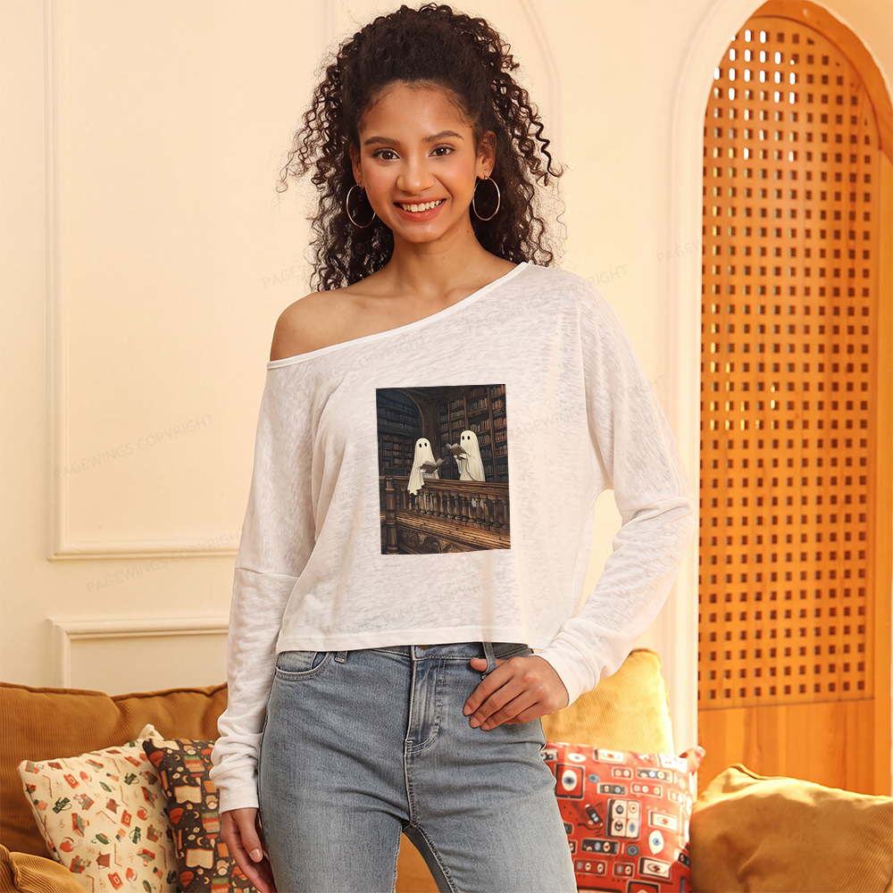 Pagewings Halloween Ghost Reading Slouchy Long Sleeve Off Shoulder T-shirt