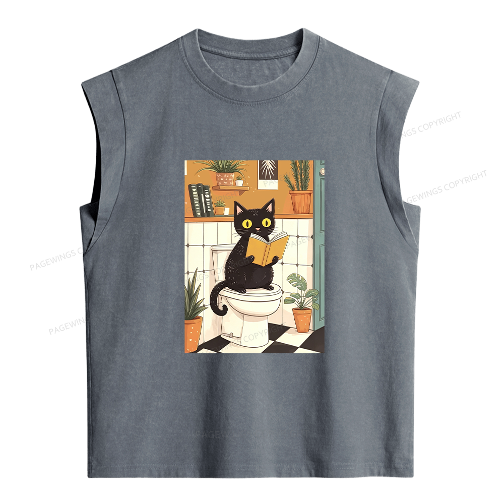 Pagewings Cat Reading on Toilet Women's Washed Tank Top