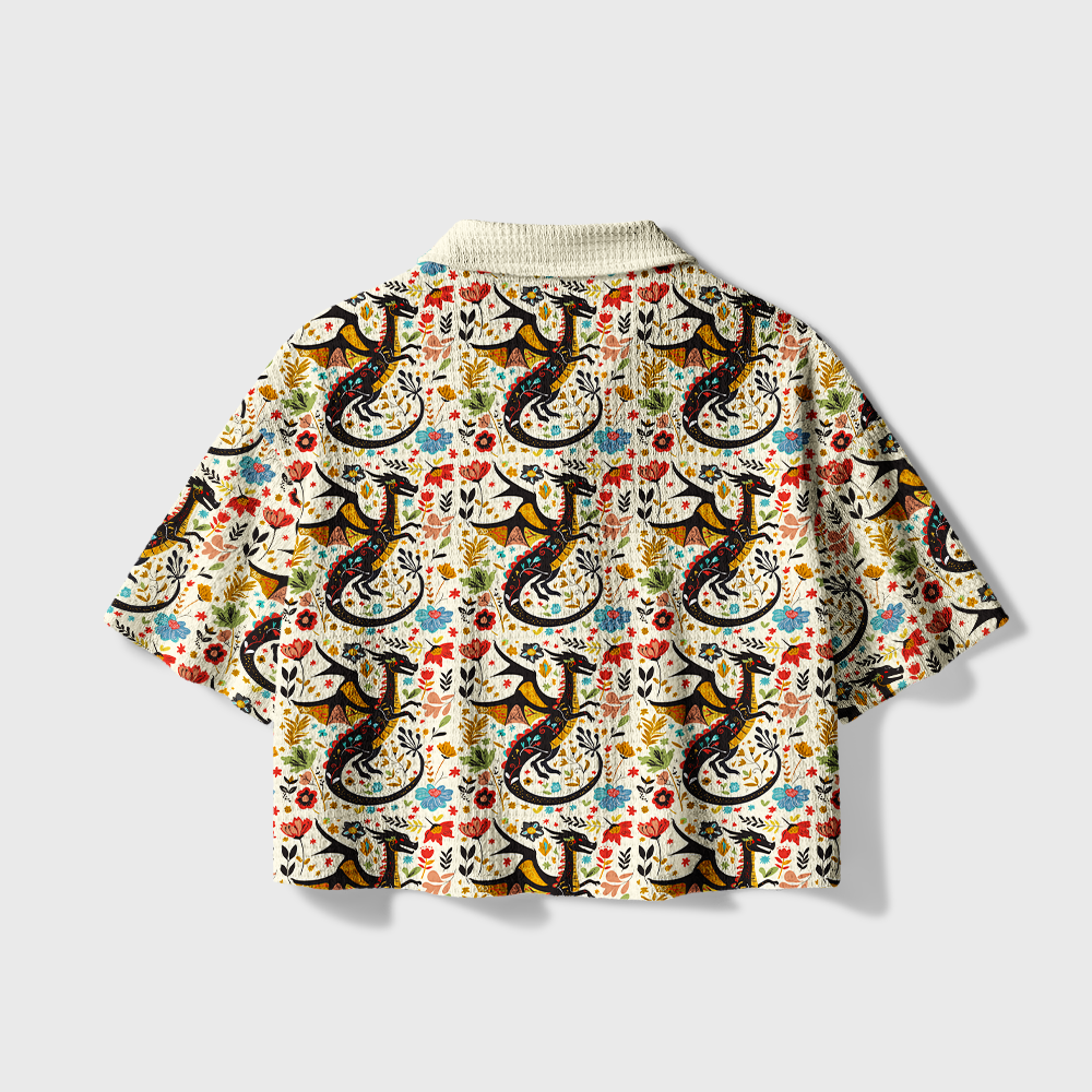 Pagewings Fantasy Dragon Camp Collar Boxy Fit Unisex Crochet Shirt