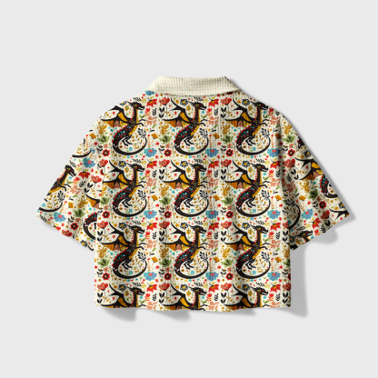 Pagewings Fantasy Dragon Camp Collar Boxy Fit Unisex Crochet Shirt