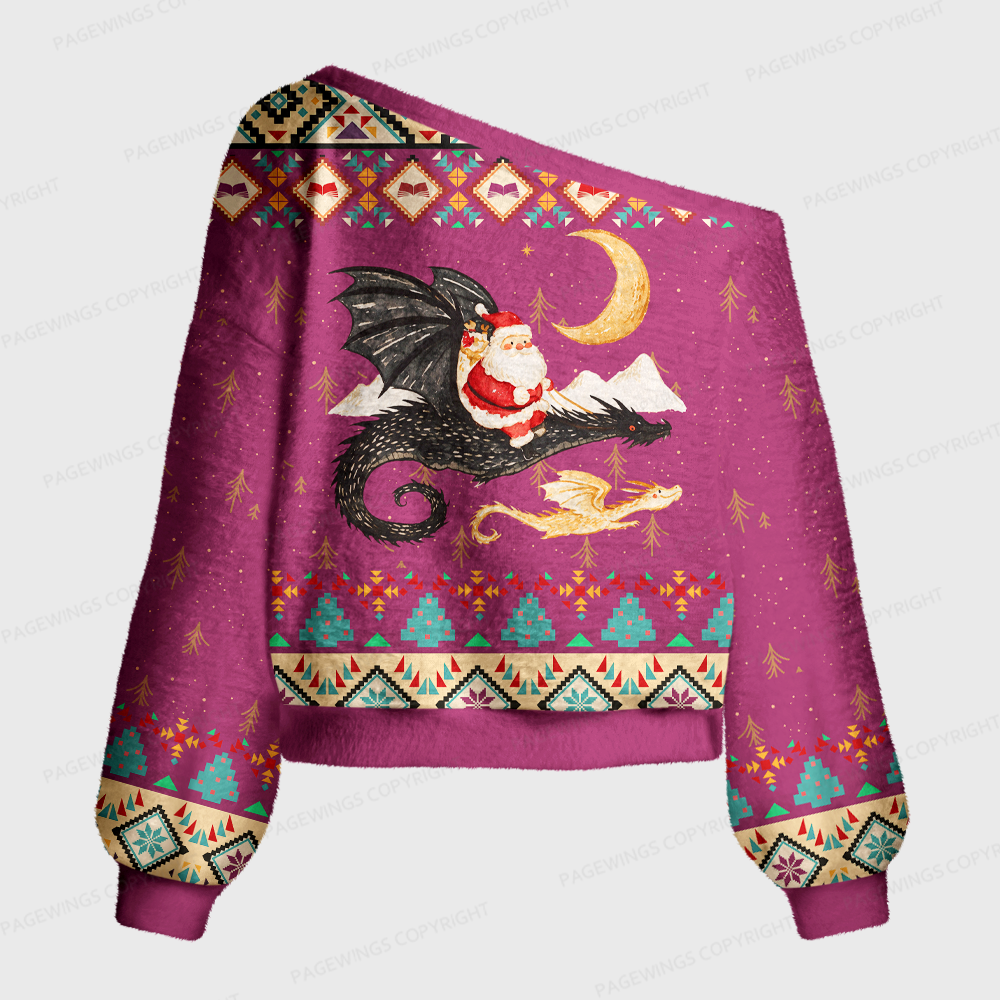 Pagewings Christmas Dragon Off Shoulder Ugly Knit Sweater