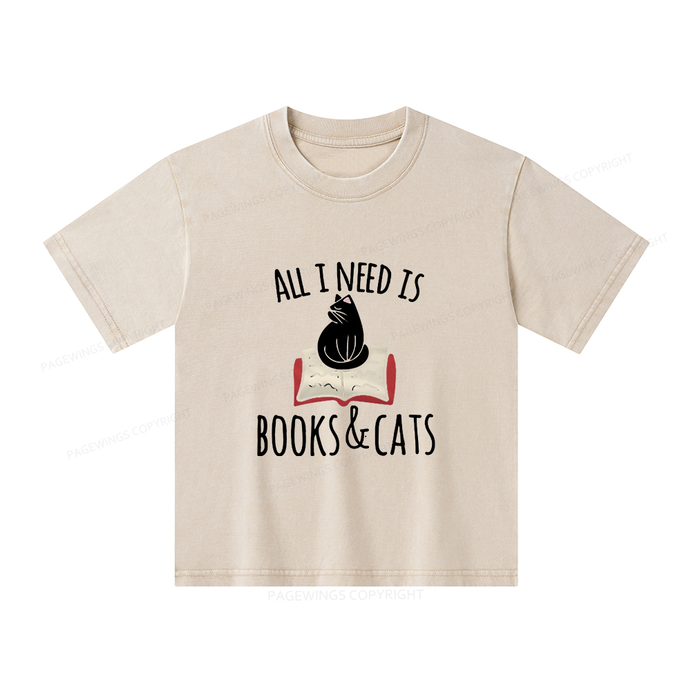 Pagewings All I Need Is Book & Cat Unisex Kids Washed T-shirt