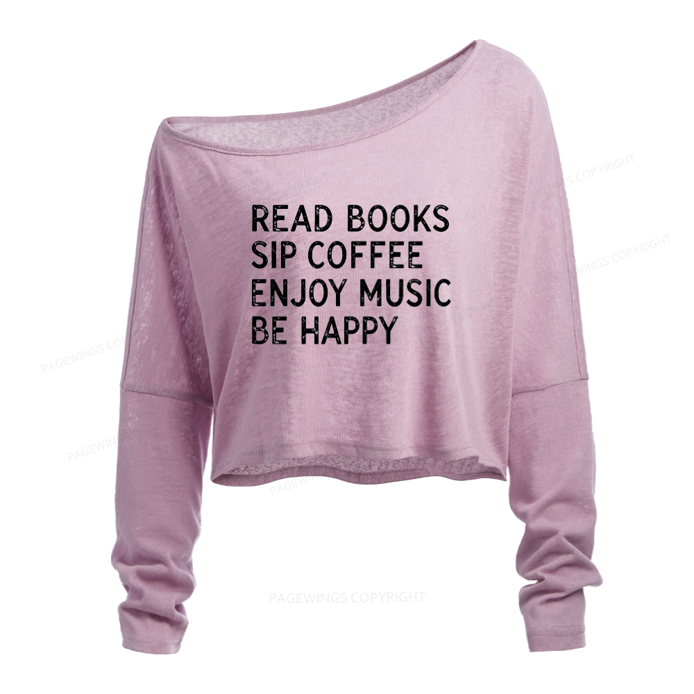 Pagewings Read Books Sip Coffee Slouchy Long Sleeve Off Shoulder T-shirt
