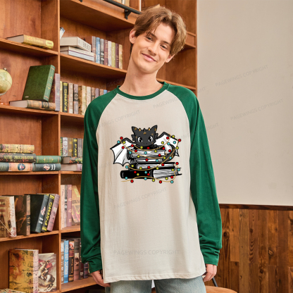 Pagewings Cute Book Dragon Holiday Long Sleeve Raglan T-shirt