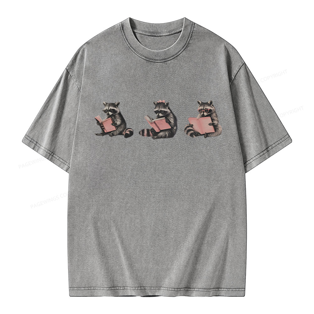 Pagewings Funny Raccoon Bookish Gift Unisex Washed T-shirt