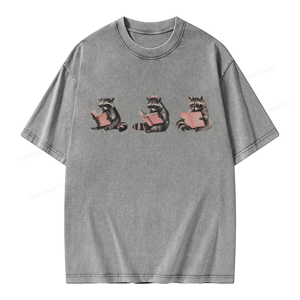 Pagewings Funny Raccoon Bookish Gift Unisex Washed T-shirt