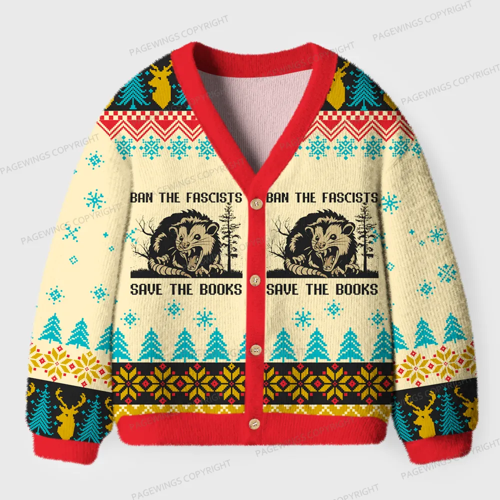 Pagewings Ban The Fascists Save The Books Unisex Ugly Cardigan Sweaters