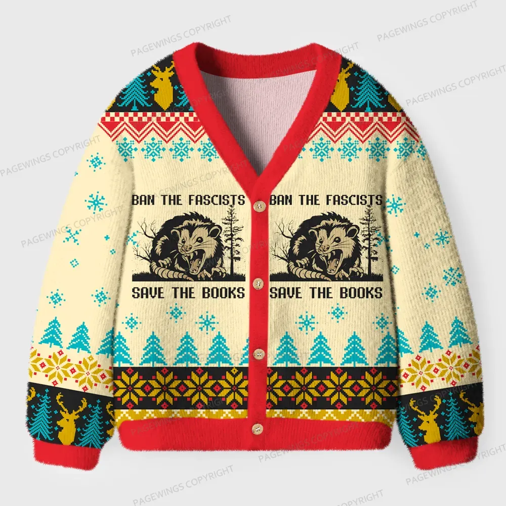 Pagewings Ban The Fascists Save The Books Unisex Ugly Cardigan Sweaters