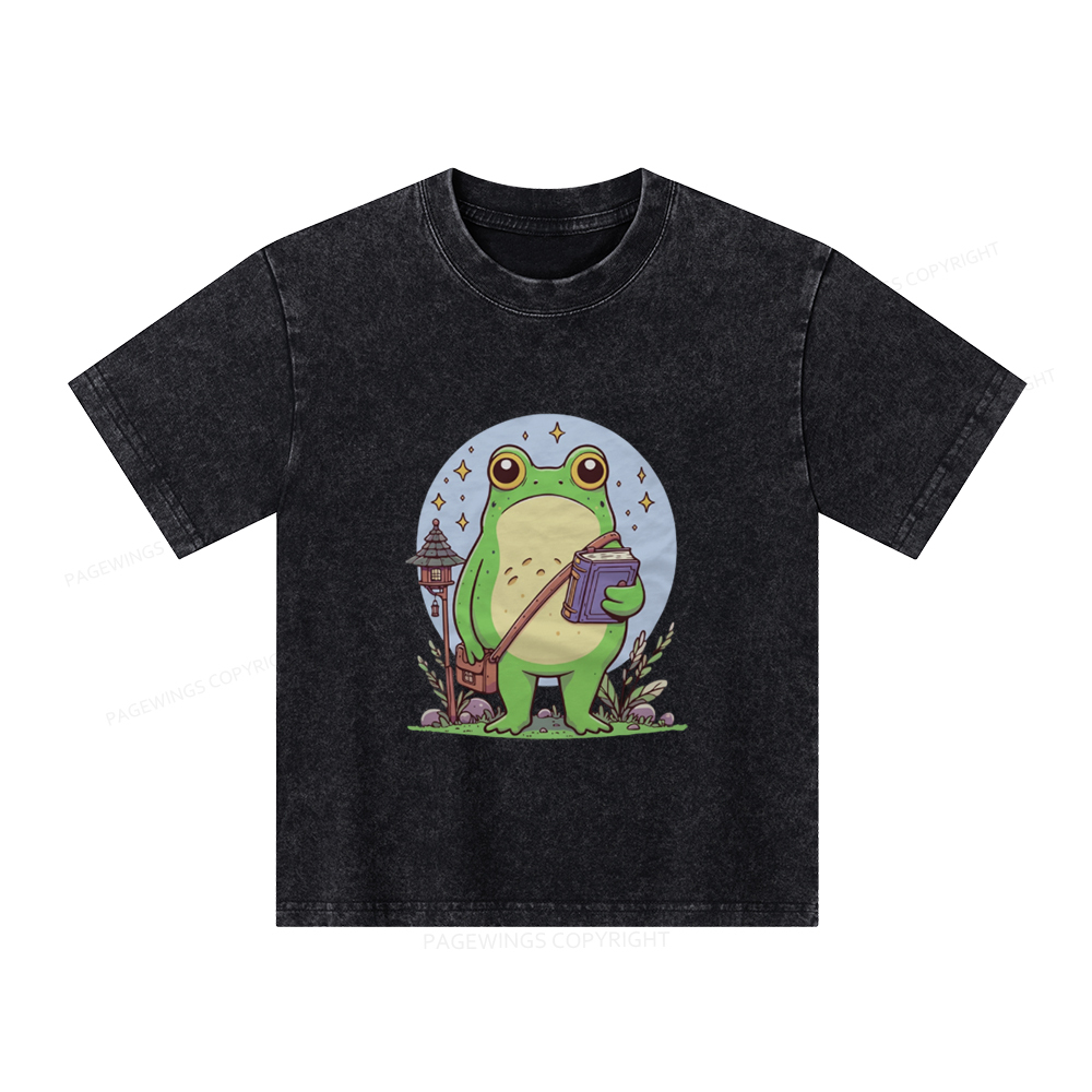 Pagewings Frog Reading Book Unisex Kids Washed T-shirt